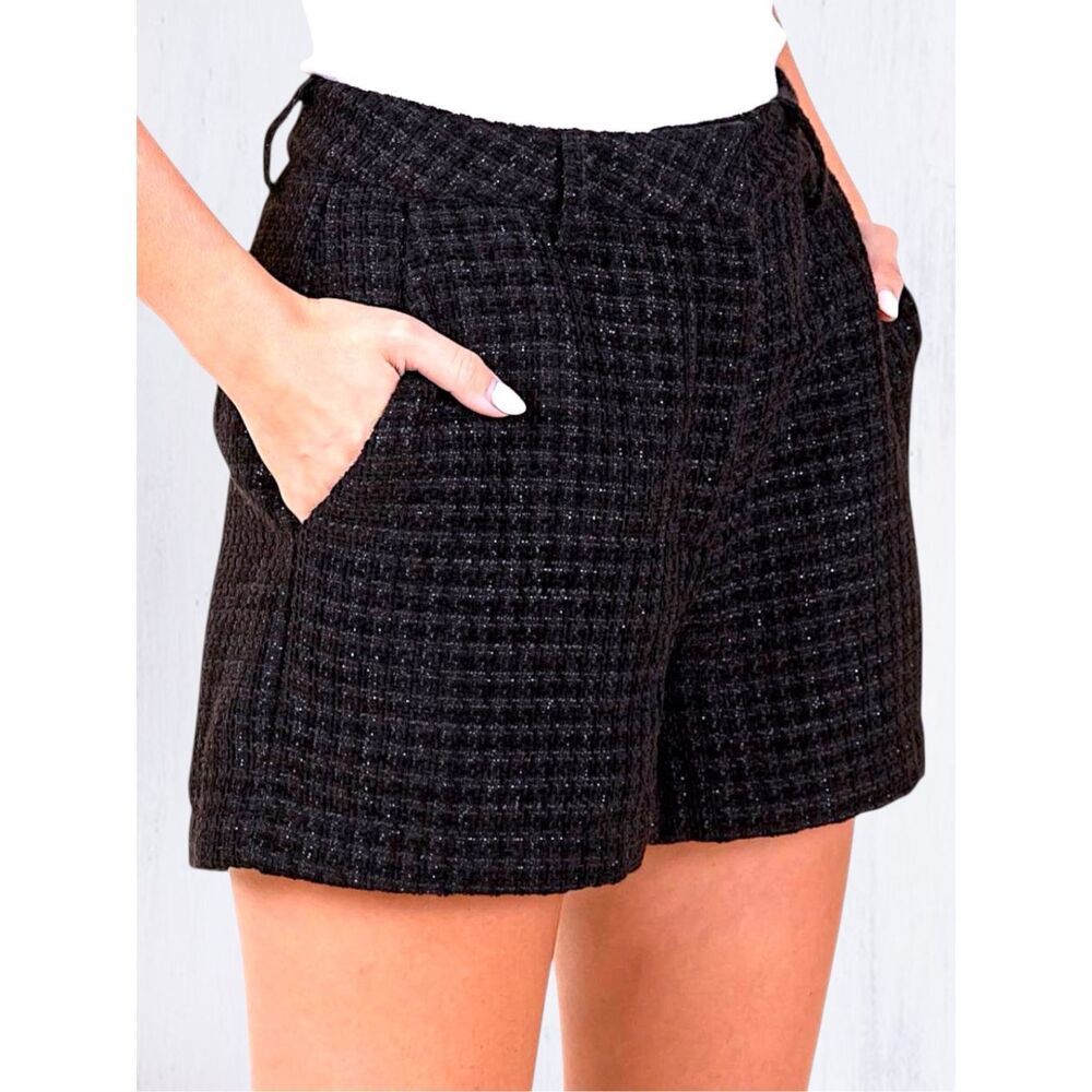 MITTOSHOP Black High Rise Tweed Classic Shorts w/ Pockets Size Large NWT